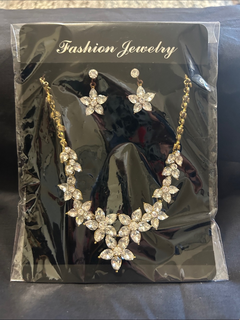 Floral Crystal Necklace & Earrings Set in Gold NWT